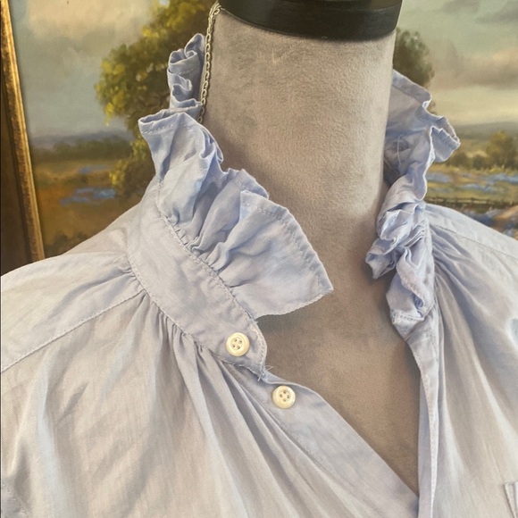 Sky Blue Women's Button Down Shirt with Ruffles - Picture 3 of 4
